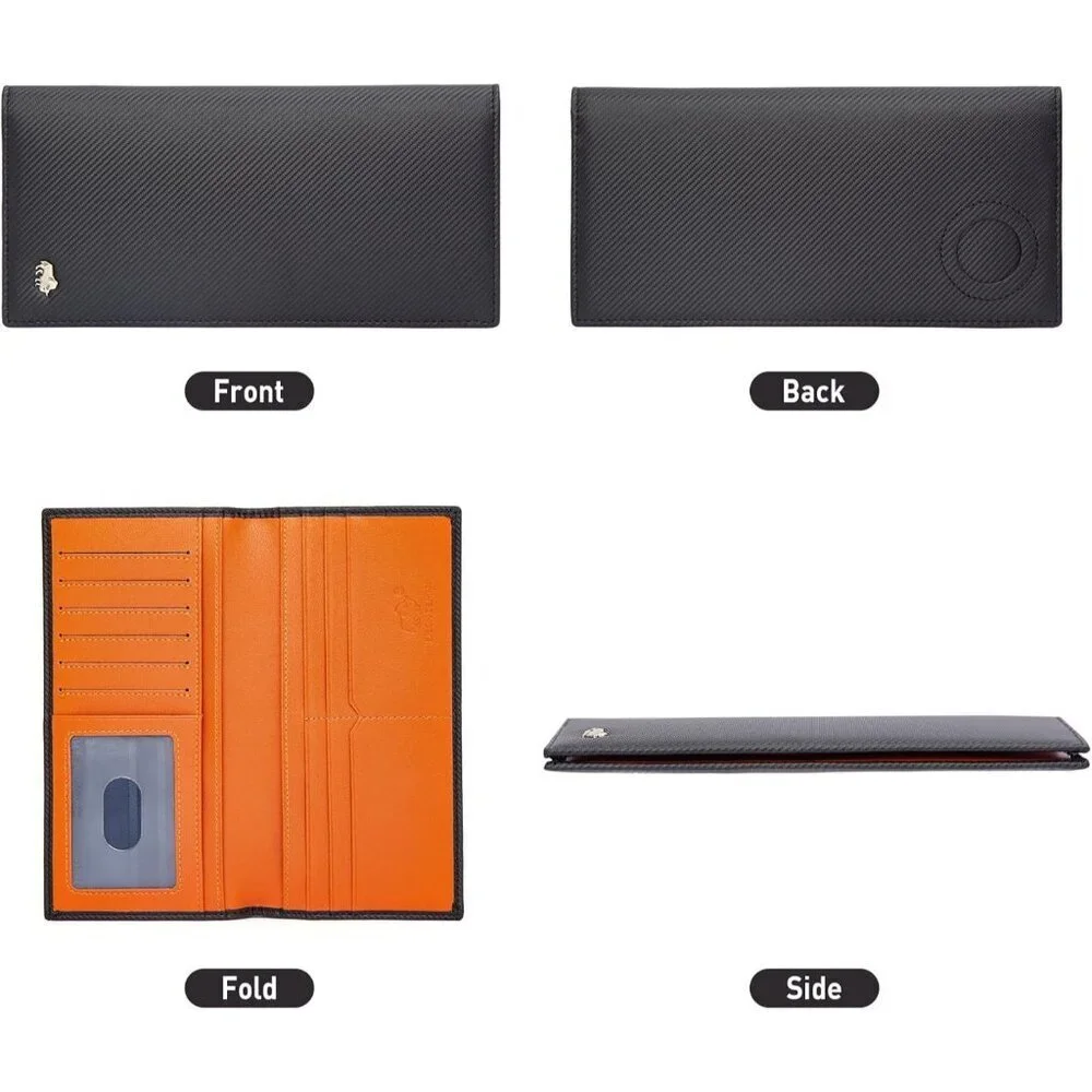 Men's Bifold Long Wallet Card Orange Real Leather Zipper Coin Pocket Design